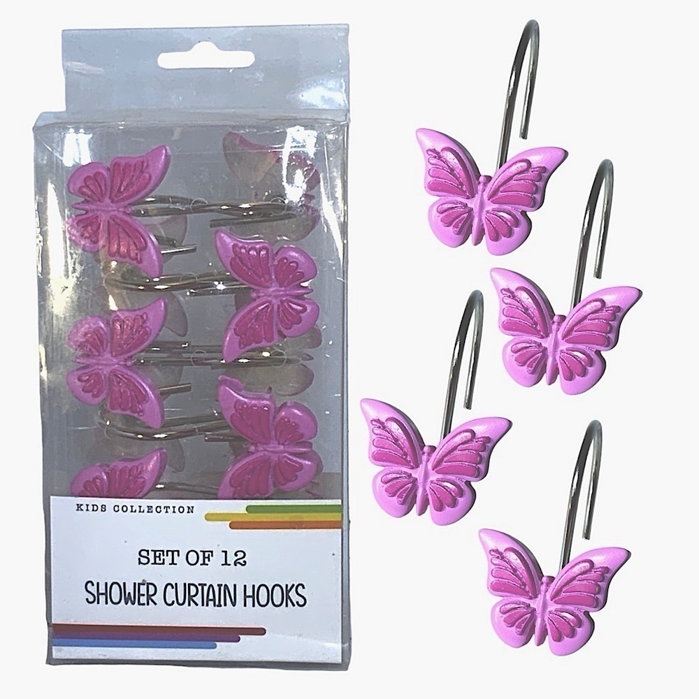 Matt & Maddie Butterfly Shower Hooks Kids Winnie Collection Barbie Pink 12 Piece